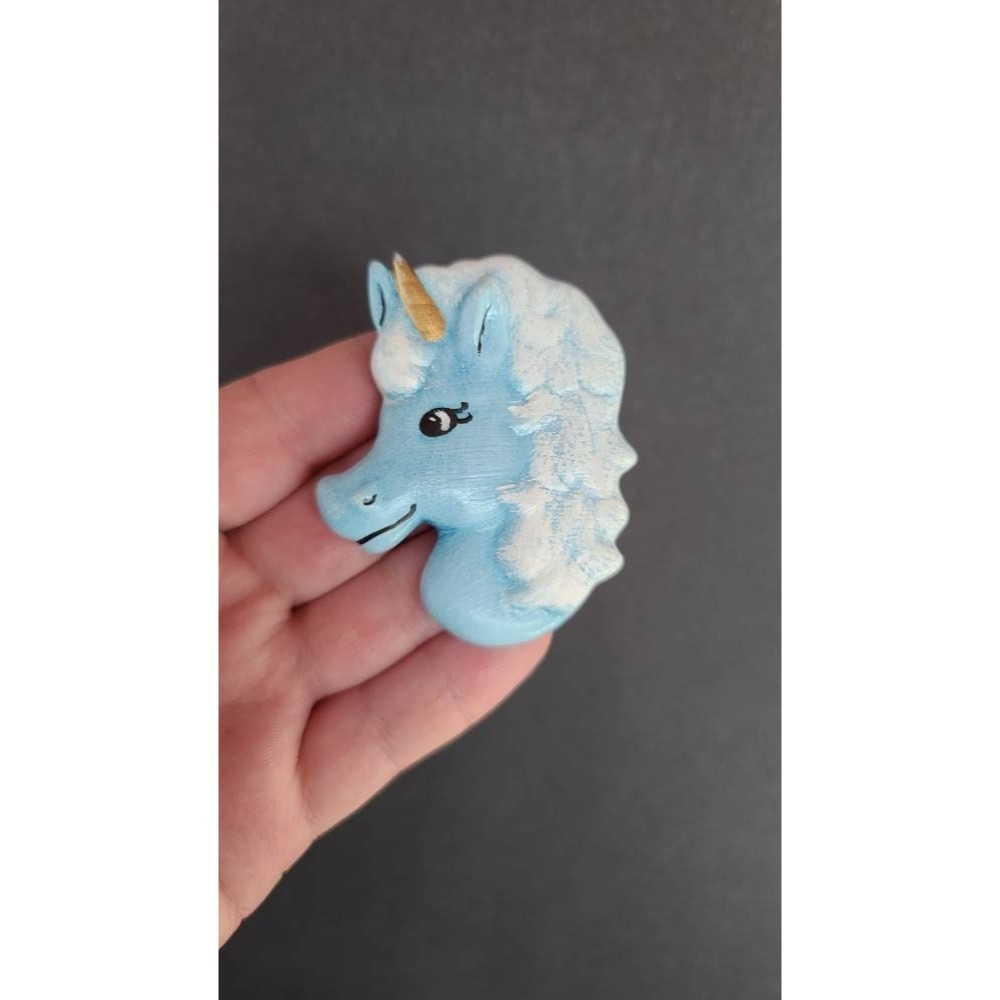 Large Blue Ceramic Unicorn Head Brooch